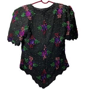Laurence Kazar Fairy Womens PS Beaded Black Sequined Goth Vintage Silk Blouse